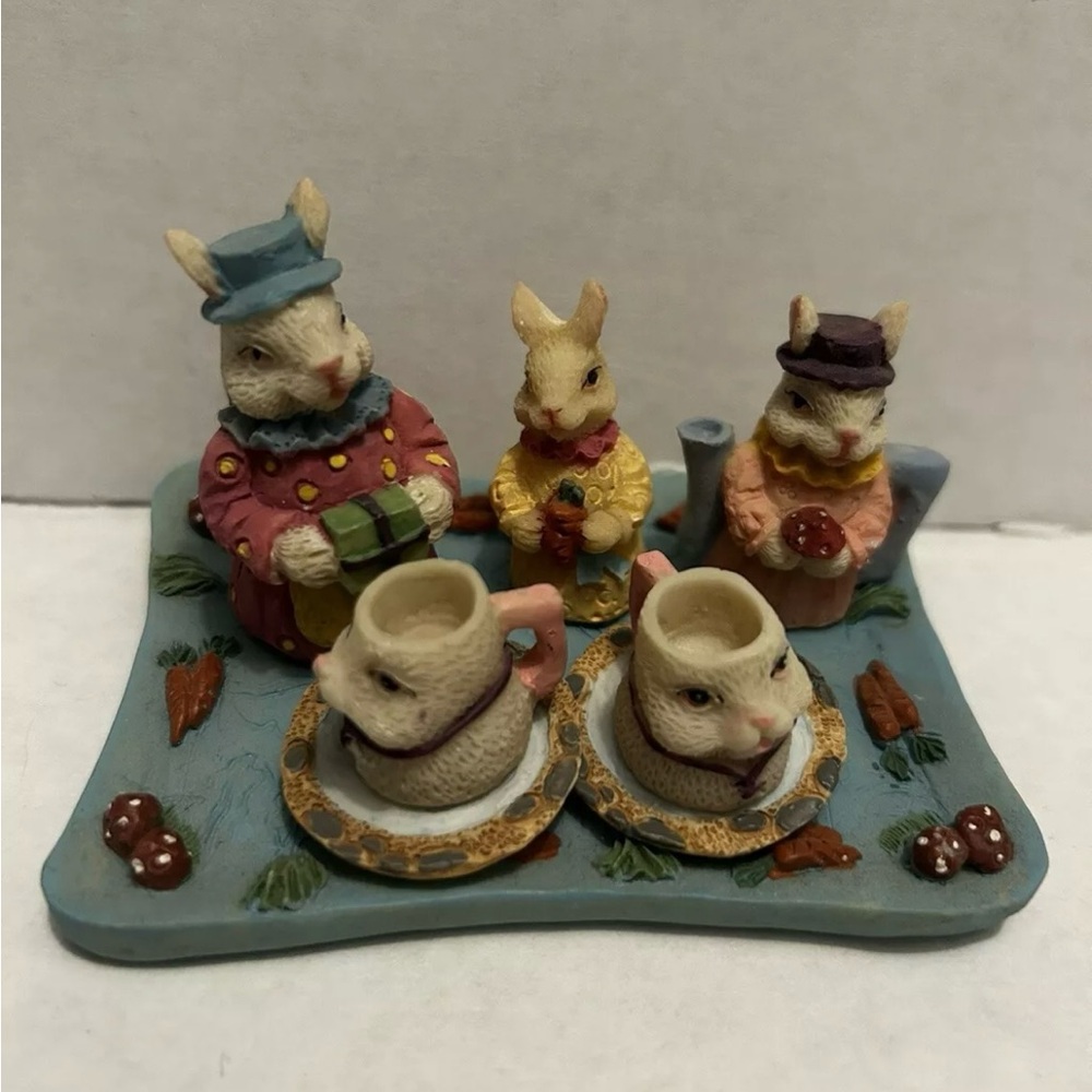 Vintage Miniature Tea Set Bunny Rabbit Themed Mushroom Spring Easter Decor